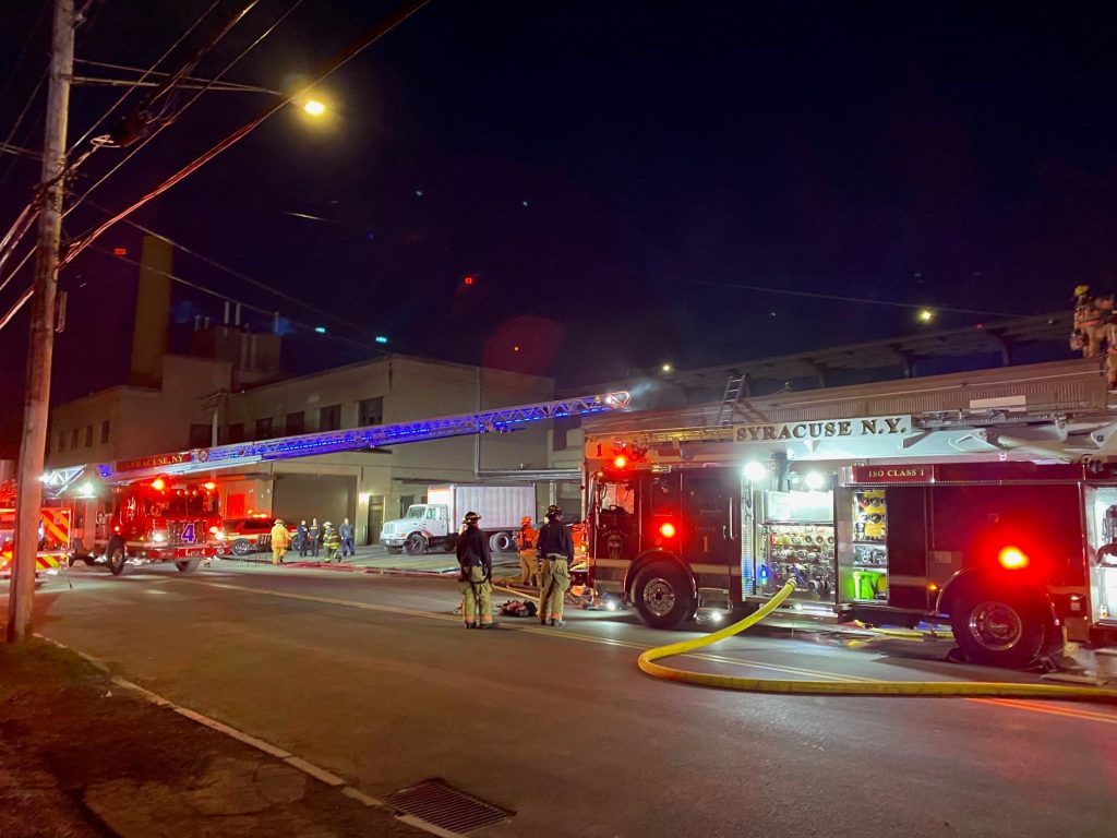 Apparatus positioned at the fire scene. 